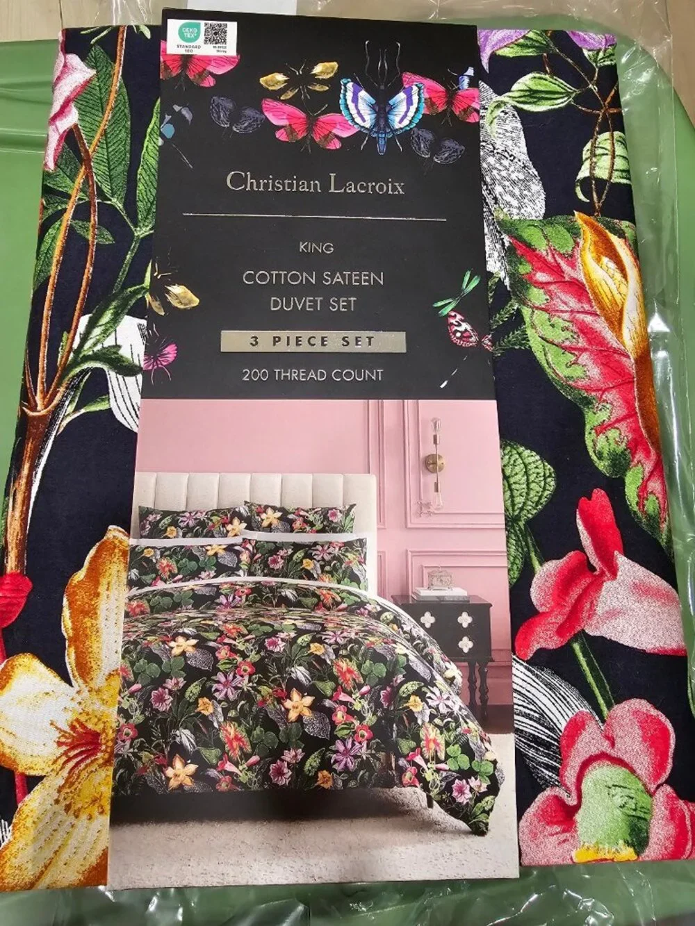 Christian Lacroix King Duvet Cover Set Cotton Tropical Floral Navy Blue NWT